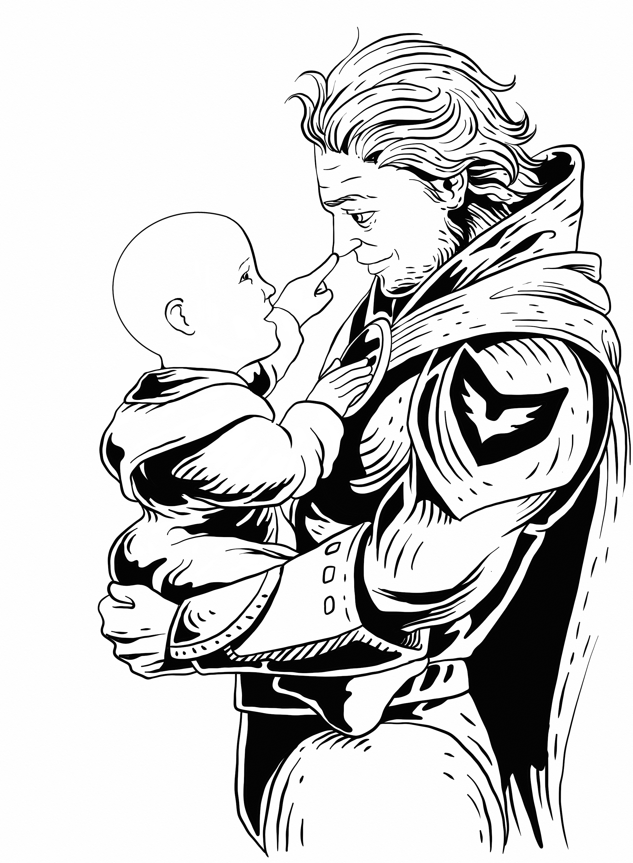 A knight in armour holding a baby